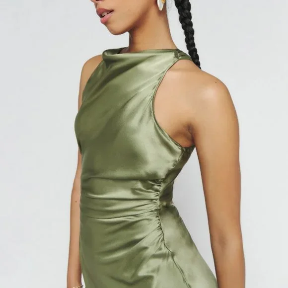 Reformation Casette Silk Dress, Artichoke 8, Occasion Wedding - Picture 4 of 9